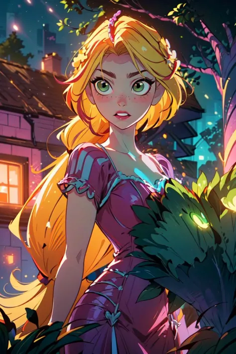 (rapunzel:1), (yellow glowing hair:1.75), (75 feet of hair), (green glowing eyes), (hair glowing yellow, hair emitting yellow light, flowy hair, neon glowing hair), (midnight, dark lighting, moon light:1.0), (purple princess dress:1.5), (purple dress), (long hair, blonde hair, green eyes:1), (loose hair:1.5),  ((green eyes)), (dress:1), (long dress),  cartoony facial features, large round eyes, blonde hair, (realistic:1.2),  (masterpiece:1.2), (full-body-shot:1),(Cowboy-shot:1.2), light particles, dark background, neon lighting, dark romantic lighting, (highly detailed:1.2),(detailed face:1.2), (gradients), colorful, detailed eyes, (detailed landscape:1.2), (natural lighting:1.2),(detailed background),detailed landscape, (dynamic pose:1.2), close shot, solo, <lora:Rapunzel_v22:0.8> <lora:add_detail:0.5> <lora:hipoly3DModelLora_v10:0.05>  <lora:RSERomantic_RSESofiko_RSEEmma-v1:0.1>