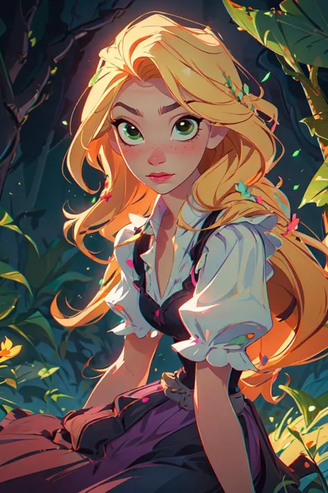 (rapunzel:1), tangled, (adventure outfit:1.5), (white blouse, black vest with dark purple stitching, dark purple skirt), (long hair, blonde hair, green eyes:1), (loose hair:1.5), ((green eyes)), (dress:1), (long dress), cartoony facial features, large round eyes, blonde hair, (realistic:1.2), (masterpiece:1.2), (full-body-shot:1),(Cowboy-shot:1.2), green grass, dandelions, light particles, magical forest background, neon lighting, dark romantic lighting, (highly detailed:1.2),(detailed face:1.2), (gradients), colorful, detailed eyes, (detailed landscape:1.2), (natural lighting:1.2),(detailed background),detailed landscape, (dynamic pose:1.2), close shot, solo, <lora:Rapunzel_v22:0.8> <lora:add_detail:0.5> <lora:hipoly3DModelLora_v10:0.05> <lora:RSERomantic_RSESofiko_RSEEmma-v1:0.1>