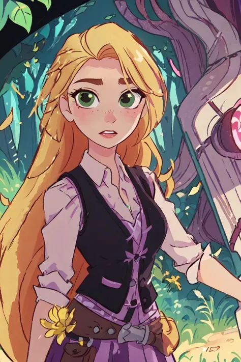 (rapunzel:1), tangled,  (adventure outfit:1.5), (white blouse, black vest with dark purple stitching, dark purple skirt), (long hair, blonde hair, green eyes:1), (loose hair:1.5),  ((green eyes)), (dress:1), (long dress),  cartoony facial features, large round eyes, blonde hair, (realistic:1.2),  (masterpiece:1.2), (full-body-shot:1),(Cowboy-shot:1.2), green grass, dandelions,  light particles, magical forest background, neon lighting, dark romantic lighting, (highly detailed:1.2),(detailed face:1.2), (gradients), colorful, detailed eyes, (detailed landscape:1.2), (natural lighting:1.2),(detailed background),detailed landscape, (dynamic pose:1.2), close shot, solo, <lora:Rapunzel_v22:0.8> <lora:add_detail:0.05> <lora:hipoly3DModelLora_v10:0.05>  <lora:RSERomantic_RSESofiko_RSEEmma-v1:0.1>