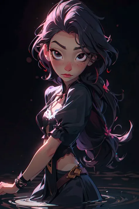 (rapunzel:1), (adventure outfit:1.5), (long black hair), (black eyes, black iris, black sclera:1.5), (white blouse, black vest with dark purple stitching, dark purple skirt), (long hair, black hair, blacked out eyes:1), (loose hair:1.5), ((black eyes)), (dress:1), (long dress), cartoony facial features, large round eyes, black hair, hair floating, (realistic:1.2), (masterpiece:1.2), (full-body-shot:1),(Cowboy-shot:1.2), (dark cave:1.2), evil woman, black irises, black fog, black smoke, dynamic dark lighting, night time, green glow coming from hair, (hands in water), looking at viewer, staring, expressionless face, (highly detailed:1.2),(detailed face:1.2), (gradients), colorful, detailed eyes, (detailed landscape:1.2), (natural lighting:1.2),(detailed background),detailed landscape, (dynamic pose:1.2), close shot, solo, <lora:Rapunzel_v22:0.8> <lora:add_detail:0.5> <lora:hipoly3DModelLora_v10:0.05> <lora:RSERomantic_RSESofiko_RSEEmma-v1:0.1>