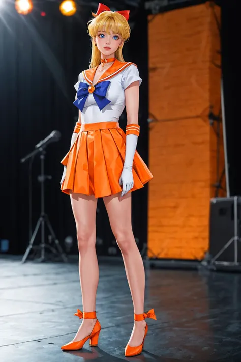 8K,highres,absurdres,masterpiece,best quality,original,extremely detailed CG,extremely detailed wallpaper,perfect lighting,<lyco:GoodHands-beta2:1>,1girl,blurry_background,looking_at_viewer,standing on the stage,
<lora:Aino_MinakoV4:0.6>,Aino_Minako,White_leotard_Orange_sailor_collar_Orange_miniskirt_White_gloves_Orange_choker_Blue_bowtie_Yellow_back_bow_Circlet_Yellow_brooch_Short_sleeves,