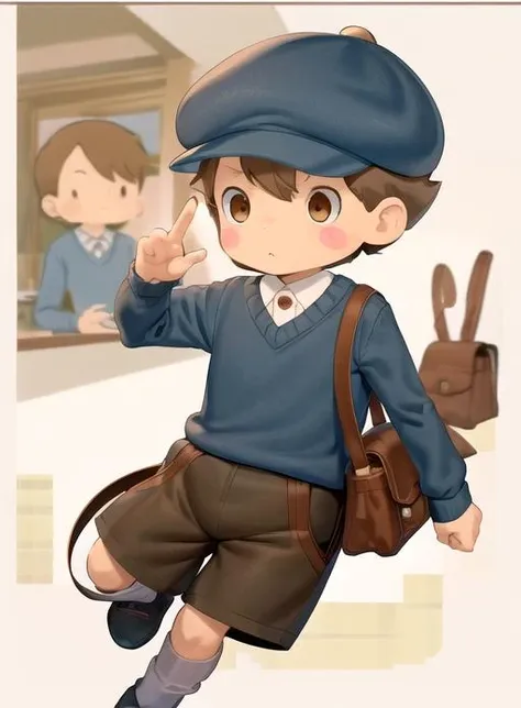 best quality, (masterpiece),(ultra-detailed), (high quality), (high resolution),   <lora:luketriton-10:0.85>,1boy, bag, blue shorts, blush stickers, brown hair, chibi, hat, holding food, long sleeves, luke triton, male child, male focus, messenger bag, poking, shorts, shoulder bag, suspenders, sweater, white background,dark skin,