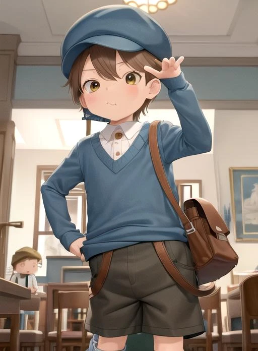 best quality, (masterpiece),(ultra-detailed), (high quality), (high resolution), <lora:luketriton-10:0.7>,1boy, bag, blue shorts, blush stickers, brown hair, chibi, hat, holding food, long sleeves, luke triton, male child, male focus, messenger bag, poking, shorts, shoulder bag, suspenders, sweater, white background