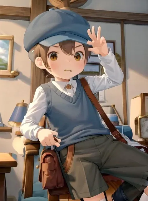 best quality, (masterpiece),(ultra-detailed), (high quality), (high resolution),   <lora:luketriton-10:0.85>,1boy, bag, blue shorts, blush stickers, brown hair, chibi, hat, holding food, long sleeves, luke triton, male child, male focus, messenger bag, poking, shorts, shoulder bag, suspenders, sweater, white background
