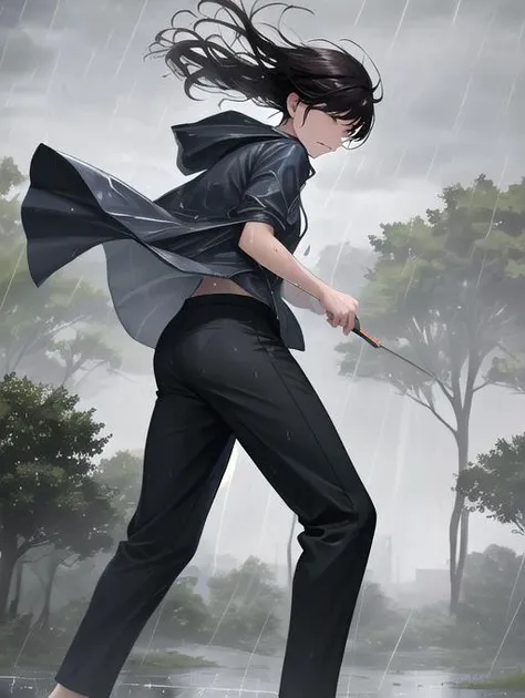best quality, masterpiece, highres, detailed, perfect anatomy, <lyco:TyphoonScene-10:0.9>, Typhoonscene, strong-wind, strong-rain, grey sky, wet clothes, squinting, pants, from side, trees, rain coat, pushed back by wind, bent trees, pushed back by wind, multiple people, city,