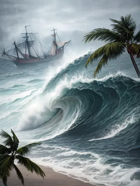 best quality, masterpiece, highres, detailed, perfect anatomy, <lyco:TyphoonScene-10:0.9>, Typhoonscene, strong-wind, strong-rain, grey sky, beach, docks,  ocean, large waves, no human, trees, palm trees, bent trees, wind, rain, tree falling over, ships,