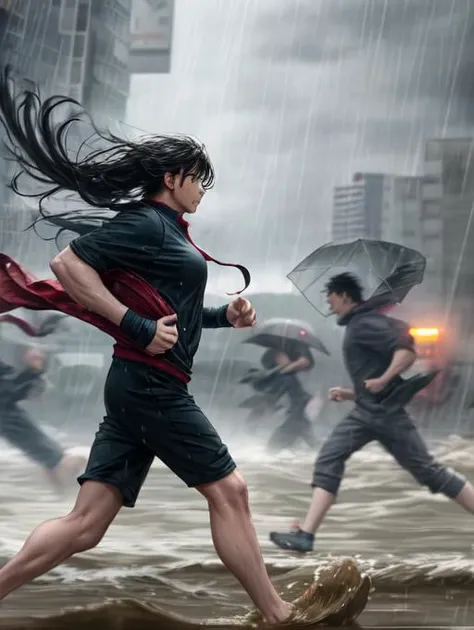 best quality, masterpiece, highres, detailed, perfect anatomy, <lyco:TyphoonScene-10:0.9>, Typhoonscene, strong-wind, strong-rain, grey sky, wind, rain, flood, city, multiple people, running, flying objects, from side, blurry,