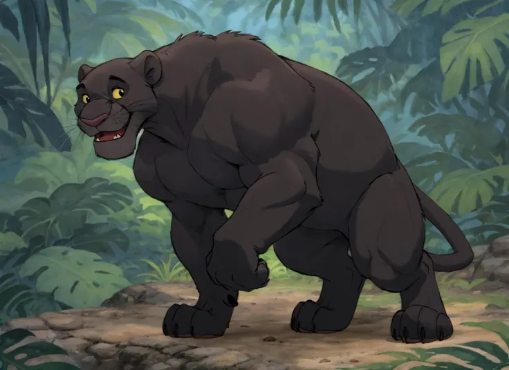panther, feral, [big|huge|hyper] muscles,  HyperMuscle,  <lora:BagheeraV2:0.618:hr=0.7> 
(solo:1.13),( detailed colorful:1.1), hi res, jungle background,bagheerav1, yellow sclera, outdoors, black cat, full body, fangs, full body,happy,looking at viewer <lora:Muscle2:0.8@0.8,0@0.81:hr=0.3@0.5,0@0.51> <lora:fluffyrock-quality-tags-v2.1.1-vpred:0.8>