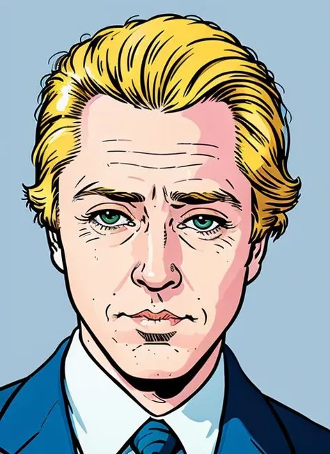 comic book portrait in the style of Herge , cw1, man, simple background, white background, epic art <lora:ChristopherWalken:0.9> beetlejuice-cartoon-style