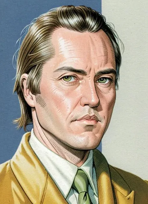 comic book portrait in the style of Herge , cw1, man, simple background, white background, epic art <lora:ChristopherWalken:0.9> anatomical-illustration