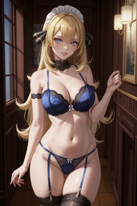 (masterpiece, best quality, glowing light, ultra detailed, detailed background, complex background), (perfect face, detailed face), 1girl, cynthia \(pokemon\), large breasts, navel, narrow waist, wide hips, thigh gap, parted lips, smile, long hair, hair ornament, looking at viewer, very long hair, (maid lingerie), thong, cleavage, (garterbelt:1.2), stockings, lace-trimmed legwear, indoors, dining room, detailed background, <lora:add_detail:0.5> <lora:cynthia-10:1>, detailed skin texture, (blush:0.2), (goosebumps:0.3), subsurface scattering