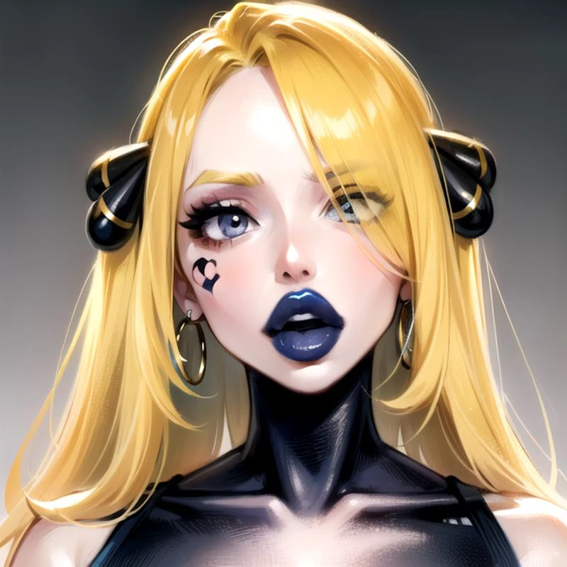 (masterpiece:1.4), (high res), HD, 4k, ((best quality:1.3)), beautiful face, detailed face, ultra-detailed, (solo focus, solo), ((close-up face shot) (up close lips)) facing viewer, (background, plain background, simple background:1.3), (looking at viewer), neon glow, hoop earrings, 1girl, very dark skin, makeup, jewelry, large intricate hair, jewelry, large eyes, bimbo, (<lora:cynthia:1> cynthia, (neon yellow hair), long hair, hair over one eye, hair ornament, very long hair, wavy hair, grey eyes, gradient hair) ((wide mouth:1.2, (huge lips:1.3) parted lips, (wide open mouth, open mouth), bright blue lips,) (lipstick, bright blue lipstick)), ((yamanba:1.5), (white facepaint makeup:1.3, white face tattoo)) (brown colored skin, dark-skinned female, very dark skin) bimbo lips, (massive lips:1.3) <lora:ColoredLipstick:1> <lora:BimbolipsV2:.5> bimbolips,