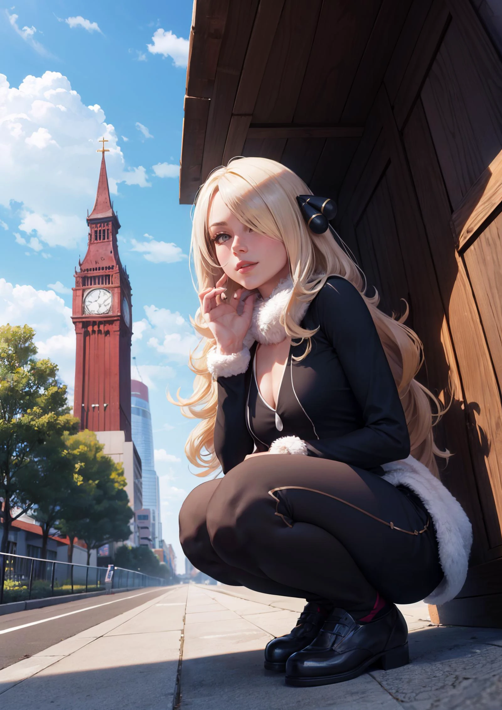 1girl, solo, full body portrait, focused, ((looking at viewer)),
<lora:cynthia-10:.8> cynthia, blonde hair, long hair, hair over one eye, hair ornament, very long hair, large breasts, wavy hair, (grey eyes), smile, seductive expression,black pencil dress, white panties, smirk, fur-trimmed sleeves, fur-trimmed coat, fur-trimmed sleeves, fur collar, fur trim, hands on chin
<lora:pose squating-000006:.8> sitting, squatting, , from below
clocktower, architecture, beach, bench, bicycle, blue sky, bokeh, building, cafe, castle, chain-link fence, chromatic aberration, church, city, cityscape, clock tower, cloud, cloudy sky, day, depth of field, east asian architecture, fence, ferris wheel, , garden, house, lens flare, ocean, outdoors, palm tree, park, path, pavement, people, pool, poolside, pov, rainbow, road, rooftop, scenery, shadow, shouji, shrine, sidewalk, sky, skyscraper, stadium, storefront, street, tokyo \(city\), tower, town, tree,, photorealistic, octane render, best quality, looking at viewer, looking down, sharp focus, (8k), (4k), (Masterpiece), (Best Quality), (realistic skin texture), extremely detailed, intricate, hyper detailed, , illustration, soft lighting, , high resolution, sharp detail,, photorealistic, octane render, best quality, looking at viewer, looking down, sharp focus, (8k), (4k), (Masterpiece), (Best Quality), (realistic skin texture), extremely detailed, intricate, hyper detailed, , illustration, soft lighting, , high resolution, sharp detail,
beautiful, beautiful eyes, anatomically correct, extremely detailed eyes, RAW image, beautiful face, symmetrical eyes, symmetrical face, amazing lighting