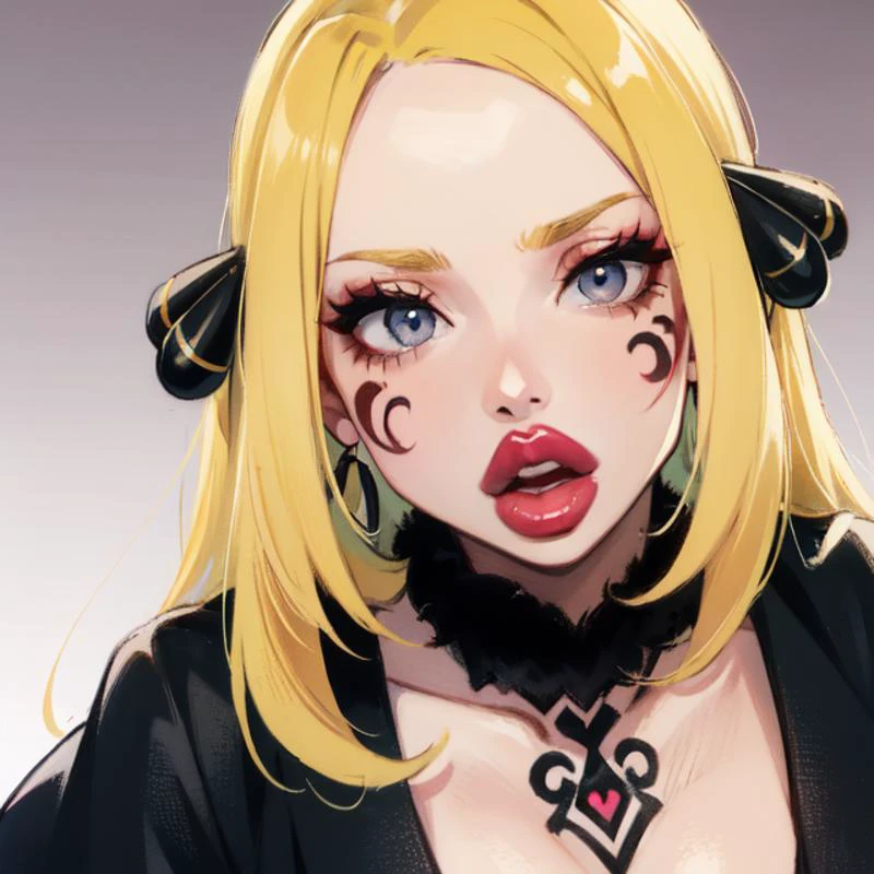 (masterpiece:1.4), (high res), HD, 4k, ((best quality:1.3)), beautiful face, detailed face, ultra-detailed, (solo focus, solo), ((close-up face shot) (up close lips)) facing viewer, (background, plain background, simple background:1.3), (looking at viewer), neon glow, hoop earrings, 1girl, very dark skin, makeup, jewelry, large intricate hair, jewelry, large eyes, bimbo, (<lora:cynthia:1> cynthia, (neon yellow hair), long hair, hair over one eye, hair ornament, very long hair, wavy hair, grey eyes, gradient hair) ((wide mouth:1.2, (huge lips:1.3) parted lips, (wide open mouth, open mouth), bright pink lips,) (lipstick, bright pink lipstick)), ((yamanba:1.5), (white facepaint makeup:1.3, white face tattoo)) (brown colored skin, dark-skinned female, very dark skin) bimbo lips, (massive lips:1.3) <lora:ColoredLipstick:1> <lora:BimbolipsV2:.5> bimbolips,