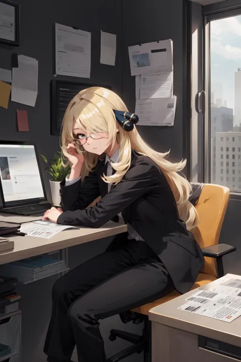 masterpiece,best quality,1girl,cynthia,blonde hair,very long hair,hair over one eye,wavy hair,grey eyes,hair ornament,(business suit),black pants,glasses,expressionless,sitting,looking to the side,documents,office,<lora:cynthia:0.9>,