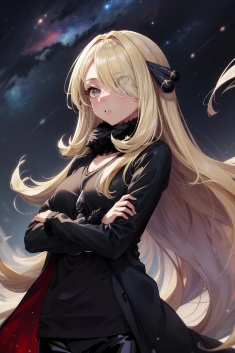 masterpiece,best quality,1girl,cynthia,blonde hair,very long hair,hair over one eye,wavy hair,grey eyes,hair ornament,fur-trimmed coat,black coat,long sleeves,fur collar,v-neck,black shirt,black pants,expressionless,looking to the side,(starry sky),<lora:cynthia:0.9>,<lora:Concept-control tool-add_detail-CyberAIchemist:1>,