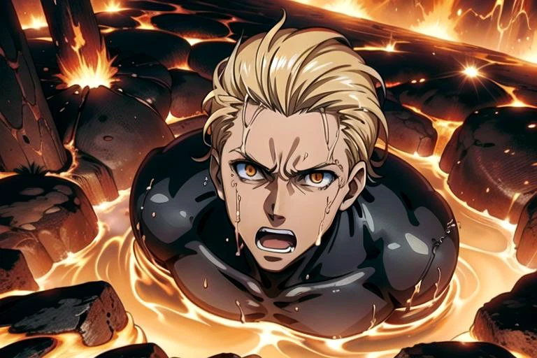 ((top quality, 8k wallpaper)),(masterpiece, best quality),extremely detailed,high definition,(official art:1.3),(((anime screencap,black outline))),<lora:more_details:0.3>, 1boy, BREAK slick back hair, bare chest, (blonde hair:1.4),<lora:REAlbertWesker:0.5> REAlbertWesker, BREAK <lora:moltenRockBath:0.4>,(((glowing,melting, burning body,fire,in molten rock))),screaming,looking up,open mouth, angry,from above,nsfw,partially submerged