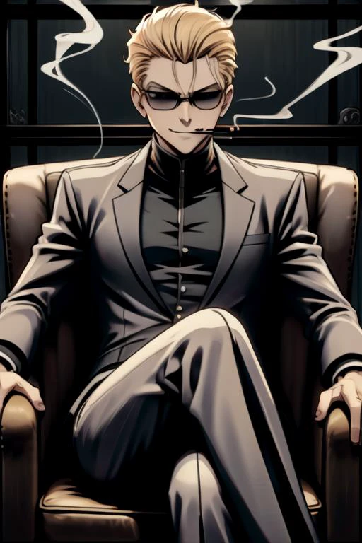 ((top quality, 8k wallpaper)),(masterpiece, best quality),extremely detailed,high definition,(official art:1.3),(((anime screencap,black outline))),<lora:more_details:0.3>,<lora:LCM_LoRA_Weights_SD15:1>, mature male, solo BREAK (Albert Wesker), <lora:REAlbertWesker:0.8> REAlbertWesker 1man, muscular, (glowing eyes), sunglasses, (blonde hair), tall, short hair, looking at viewer, formal, (slick back hair:1.3), (combed back hair:1.3) BREAK <lora:loungeChair:0.4> (((smoking,lounge chair,cigar,sitting,smirk,holding cigarette,crossed legs, evil smile, grin))),