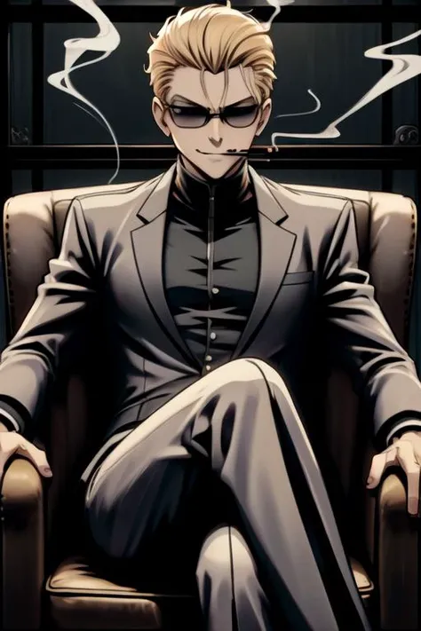 ((top quality, 8k wallpaper)),(masterpiece, best quality),extremely detailed,high definition,(official art:1.3),(((anime screencap,black outline))),<lora:more_details:0.3>,<lora:LCM_LoRA_Weights_SD15:1>, mature male, solo BREAK (Albert Wesker), <lora:REAlbertWesker:0.8> REAlbertWesker 1man, muscular, (glowing eyes), sunglasses, (blonde hair), tall, short hair, looking at viewer, formal, (slick back hair:1.3), (combed back hair:1.3) BREAK <lora:loungeChair:0.4> (((smoking,lounge chair,cigar,sitting,smirk,holding cigarette,crossed legs, evil smile, grin))),