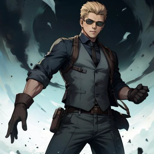 <lora:REAlbertWesker:1> REAlbertWesker, sunglasses, shirt, gloves, looking at viewer, belt, pants, manly, black gloves, black shirt, jacket, glowing, vest, short hair