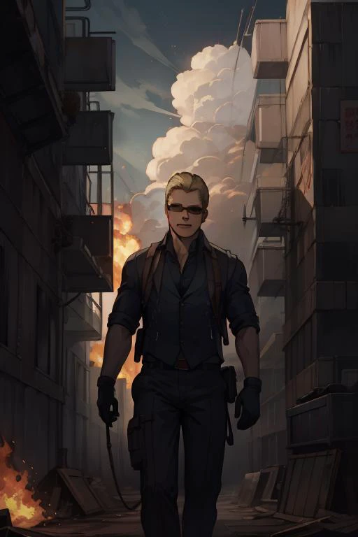 <lora:REAlbertWesker:1> REAlbertWesker, sunglasses, shirt, gloves, looking at viewer, belt, pants, manly, black gloves, black shirt, jacket, glowing, vest, short hair, (Albert Wesker:1.4), upper body, highly detailed, highres, extremely detailed, detailed background, perfect eyes, perfect face, high quality, detailed face, anime, best quality, masterpiece, 4k, 8k, absurd resolution, cinematic lights, intricate detail, detailed hands, detailed eyes, animation, illustration, back combed hair, (blonde hair:1.4), combed back, hair back, comb back hair, (1man), back comb haircut, mature male, looking at viewer, shades, 1boy, high definition, sharp focus, <lora:neg4all_bdsqlsz_V3.5:1>, OverallDetail, deep shadow, dimly lit, shade, edgQuality, Illust-InstaFilter, <lora:beard_slider_v10:-3>, <lora:gender_slider_v1:-4>, Best_QualityPos, Earth-QualityPos, BodyPositive, prettify, hotify, slick back hair, <lora:neg_bdsqlsz_V2:1>, pureerosface_v1, <lora:hyperdenoiser_v090:0.6>, <lora:hyperrefiner_v090:0.6>, zoom out, solo, whole body, full body, (building exploding:1.4), scenery, (Albert Wesker walking with explosion at background:1.4), from below, outdoors, skyline,  evil grin, glowing eyes, fire, outdoors, <lora:PostApocalyptic_v3:0.5> SZ_4po enviroment, city, sky scrapper, street, sky,