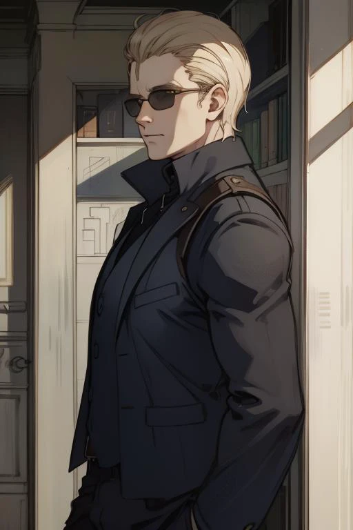 <lora:REAlbertWesker:1> REAlbertWesker, sunglasses, shirt, gloves, looking at viewer, belt, pants, manly, black gloves, black shirt, jacket, glowing, vest, short hair, (Albert Wesker:1.4), upper body, highly detailed, highres, extremely detailed, detailed background, perfect eyes, perfect face, high quality, detailed face, anime, best quality, masterpiece, 4k, 8k, absurd resolution, cinematic lights, intricate detail, detailed hands, detailed eyes, animation, illustration, back combed hair, (blonde hair:1.4), combed back, hair back, short hair, comb back hair, (1man), back comb haircut, mature male, looking at viewer, shades, sunglasses, 1boy, black shirt, black trench coat, high definition, sharp focus, <lora:neg4all_bdsqlsz_V3.5:1>, OverallDetail, deep shadow, dimly lit, shade, edgQuality, Illust-InstaFilter, <lora:beard_slider_v10:-3>, <lora:gender_slider_v1:-4>, Best_QualityPos, Earth-QualityPos, BodyPositive, prettify, hotify, slick back hair, <lora:neg_bdsqlsz_V2:1>, pureerosface_v1, <lora:hyperdenoiser_v090:0.6>, <lora:hyperrefiner_v090:0.6>