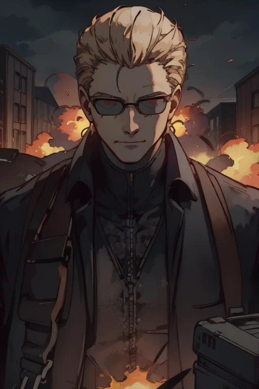 <lora:REAlbertWesker:1> REAlbertWesker, sunglasses, shirt, gloves, looking at viewer, belt, pants, manly, black gloves, black shirt, jacket, glowing, vest, short hair, (Albert Wesker:1.4), upper body, highly detailed, highres, extremely detailed, detailed background, perfect eyes, perfect face, high quality, detailed face, anime, best quality, masterpiece, 4k, 8k, absurd resolution, cinematic lights, intricate detail, detailed hands, detailed eyes, animation, illustration, back combed hair, (blonde hair:1.4), combed back, hair back, comb back hair, (1man), back comb haircut, mature male, looking at viewer, shades, 1boy, high definition, sharp focus, <lora:neg4all_bdsqlsz_V3.5:1>, OverallDetail, deep shadow, dimly lit, shade, edgQuality, Illust-InstaFilter, <lora:beard_slider_v10:-3>, <lora:gender_slider_v1:-4>, Best_QualityPos, Earth-QualityPos, BodyPositive, prettify, hotify, slick back hair, <lora:neg_bdsqlsz_V2:1>, pureerosface_v1, <lora:hyperdenoiser_v090:0.6>, <lora:hyperrefiner_v090:0.6>, zoom out, solo, whole body, full body, (building exploding:1.4), scenery, (Albert Wesker walking with explosion at background:1.4), from below, outdoors, skyline, evil grin, glowing eyes, fire, Black Leather Trench Coat, outdoors, <lora:PostApocalyptic_v3:0.5> SZ_4po enviroment, city, sky scrapper, street, sky,