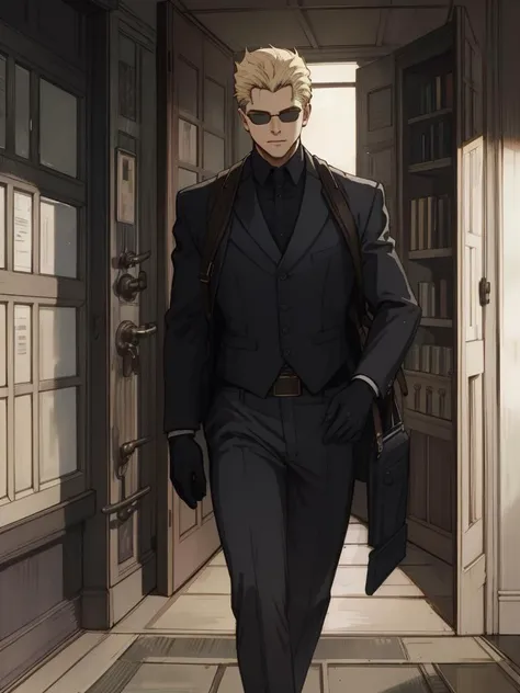 <lora:REAlbertWesker:1> REAlbertWesker, sunglasses, shirt, gloves, looking at viewer, belt, pants, manly, black gloves, black shirt, jacket, glowing, vest, short hair, (Albert Wesker:1.4), upper body, highly detailed, highres, extremely detailed, detailed background, perfect eyes, perfect face, high quality, detailed face, anime, best quality, masterpiece, 4k, 8k, absurd resolution, cinematic lights, intricate detail, detailed hands, detailed eyes, animation, illustration, back combed hair, (blonde hair:1.4), combed back, hair back, comb back hair, (1man), back comb haircut, mature male, looking at viewer, shades, 1boy, high definition, sharp focus, <lora:neg4all_bdsqlsz_V3.5:1>, OverallDetail, deep shadow, dimly lit, shade, edgQuality, Illust-InstaFilter, <lora:beard_slider_v10:-3>, <lora:gender_slider_v1:-4>, Best_QualityPos, Earth-QualityPos, BodyPositive, prettify, hotify, slick back hair, <lora:neg_bdsqlsz_V2:1>, pureerosface_v1, <lora:hyperdenoiser_v090:0.6>, <lora:hyperrefiner_v090:0.6>, zoom out, solo, wall, masterpiece, whole body, full body, building exploding, scenery, Albert Wesker walking with explosion at background, from below, outdoors, skyline, Apoc768, evil grin, glowing eyes, fire, Black Leather Trench Coat