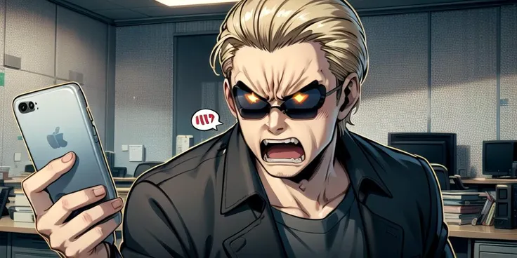 ((top quality, 8k wallpaper)),(masterpiece, best quality),extremely detailed,high definition,(official art:1.3),(((anime screencap,black outline))),<lora:more_details:0.3>, 1boy, BREAK slick back hair, (sunglasses:1.5), black shirt, black trench coat, (blonde hair:1.4),<lora:REAlbertWesker:0.5> REAlbertWesker, BREAK <lora:angerBoss:0.4>,(office,office interior, phone,indoors,blush,shouting,upper body),(((angry,talking on phone,holding phone:1.5))),