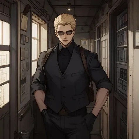 <lora:REAlbertWesker:1> REAlbertWesker, sunglasses, shirt, gloves, looking at viewer, belt, pants, manly, black gloves, black shirt, jacket, glowing, vest, short hair, (Albert Wesker:1.4), upper body, highly detailed, highres, extremely detailed, detailed background, perfect eyes, perfect face, high quality, detailed face, anime, best quality, masterpiece, 4k, 8k, absurd resolution, cinematic lights, intricate detail, detailed hands, detailed eyes, animation, illustration, back combed hair, (blonde hair:1.4), combed back, hair back, comb back hair, (1man), back comb haircut, mature male, looking at viewer, shades, 1boy, high definition, sharp focus, <lora:neg4all_bdsqlsz_V3.5:1>, OverallDetail, deep shadow, dimly lit, shade, edgQuality, Illust-InstaFilter, <lora:beard_slider_v10:-3>, <lora:gender_slider_v1:-4>, Best_QualityPos, Earth-QualityPos, BodyPositive, prettify, hotify, slick back hair, <lora:neg_bdsqlsz_V2:1>, pureerosface_v1, <lora:hyperdenoiser_v090:0.6>, <lora:hyperrefiner_v090:0.6>