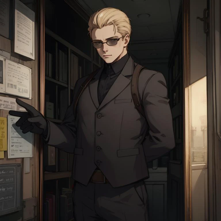 <lora:REAlbertWesker:1> REAlbertWesker, sunglasses, shirt, gloves, looking at viewer, belt, pants, manly, black gloves, black shirt, jacket, glowing, vest, short hair, (Albert Wesker:1.4), upper body, highly detailed, highres, extremely detailed, detailed background, perfect eyes, perfect face, high quality, detailed face, anime, best quality, masterpiece, 4k, 8k, absurd resolution, cinematic lights, intricate detail, detailed hands, detailed eyes, animation, illustration, back combed hair, (blonde hair:1.4), combed back, hair back, comb back hair, (1man), back comb haircut, mature male, looking at viewer, shades, 1boy, high definition, sharp focus, <lora:neg4all_bdsqlsz_V3.5:1>, OverallDetail, deep shadow, dimly lit, shade, edgQuality, Illust-InstaFilter, <lora:beard_slider_v10:-3>, <lora:gender_slider_v1:-4>, Best_QualityPos, Earth-QualityPos, BodyPositive, prettify, hotify, slick back hair, <lora:neg_bdsqlsz_V2:1>, pureerosface_v1, <lora:hyperdenoiser_v090:0.6>, <lora:hyperrefiner_v090:0.6>