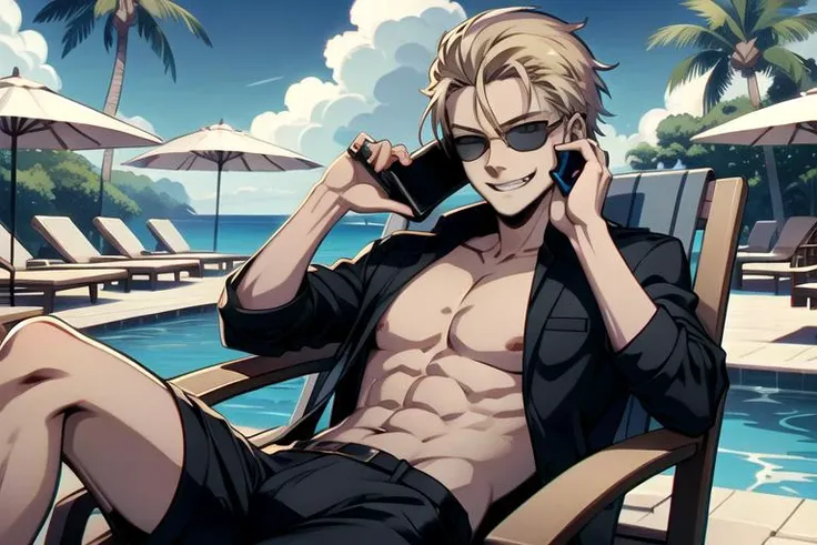 ((top quality, 8k wallpaper)),(masterpiece, best quality),extremely detailed,high definition,(official art:1.3),(((anime screencap,black outline))),<lora:more_details:0.3>, 1man, BREAK slick back hair, sunglasses, 1boy, bare chest, muscular, (blonde hair:1.4),<lora:REAlbertWesker:1> REAlbertWesker, Hawaiian shorts, BREAK <lora:creditResort:0.4>,solo focus,architecture,poolside,palm tree,building,beach,luxury,(((phone,sitting,reclining,chair,laughing,evil eyes,evil grin,talking on phone))),