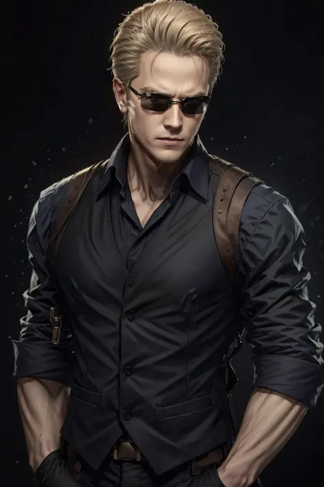 AlbertWeskerRE, 1boy, male focus, solo, sunglasses, sleeves rolled up, shirt, blonde hair, vest, black background, collared shirt, upper body, simple background, closed mouth, short hair
,masterpiece, best quality, cinematic lighting,
<lora:epi_noiseoffset2:1>, <lora:AlbertWeskerRE:0.7>