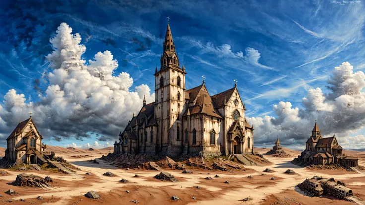 please generate a brown sandy tundra with a forlorn church with a Detailed sky