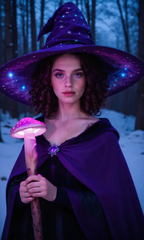 score_9, score_8_up, score_7_up, score_6_up, score_5_up, score_4_up,(A beautiful young witch with long curly hair and freckles wearing an oversized purple mushroom hat holding a glowing staff, with an ethereal glow around her in the snow at night, in the fantasy art style, cinematic, hyper realistic, with extreme detail, cinematic lighting, ultra high resolution, portrait photography in the style of fantasy art:1.2) hknature, masterpiece, best quality, highly detailed, sharp focus, dynamic lighting