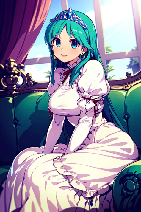 (masterpiece:1.2), best quality, ultra high res, unity 8k wallpaper, (illustration:1.0), (beautiful detailed eyes:1.6), extremely detailed face, Cinematic lighting, high contrast , clear color, (perfect hands,perfect anatomy), (dynamic angle and pose:1.3), best angle, (1girl, solo:1.5), BREAK
princess melora, long hair, green hair, blue eyes, breasts, large breasts, tiara,
dress, gloves, jewelry, earrings, elbow gloves, white dress, white gloves, puffy sleeves, juliet sleeves, (long_dress:1.2, long skirt:1.2), BREAK
seductive smile, BREAK
(luxurious castle interior:1.4), (sofa:1.3), (window:1.2), (curtain:1.2), (sitting on sofa:1.3)