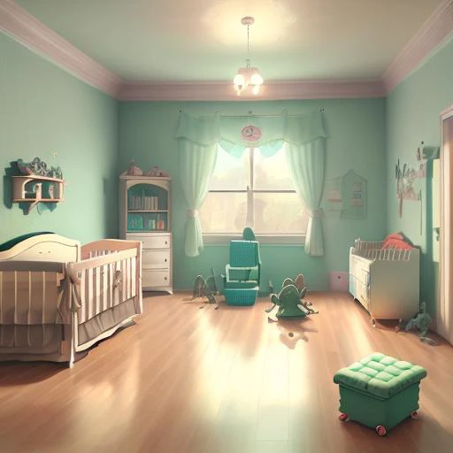 a nursery with a cot, floor cluttered with childrens toys in the distance in the style of cthulhut3ch <lora:cthulhuTECHstyleV2:1>