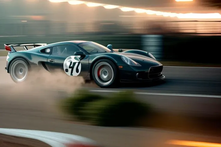 Analog style,cthulhutech racing car rolling on track, <lora:cthulhuTECHv3:1>