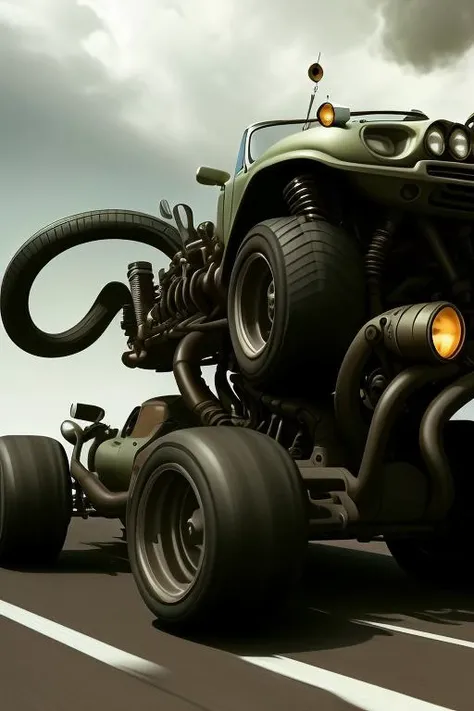 Analog style,cthulhutech motorcyle rolling on track, <lora:cthulhuTECHv3:1>