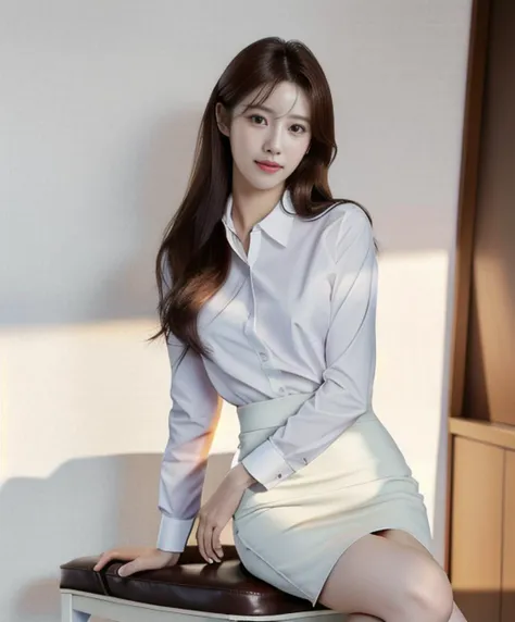 1girl, solo, mijoo, sexy, (best quality:1.4), ultra-high-resolution cg, raw photo, 8k wallpaper, extremely detailed, (masterpiece:1.4), (realistic:1.45), (photo realistic:1.45), a Japanese woman, an office worker, solo, extremely delicate and beautiful woman, cute and handsome face, brown eyes, elegant, gentle, pure and innocent, neat and clean, blush, shy smile, puffy lips, small breasts, slender thighs, clear and fair skin, wearing dress shirt, pencil skirt, white panties, (shot from front), in an office, (sitting on the chair, facing viewer:1.2),
<lora:mijoo_SM1:0.9>,