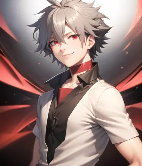 masterpiece,highres,highly detailed,male focus,1boy,solo,red eyes,grey hair,smile