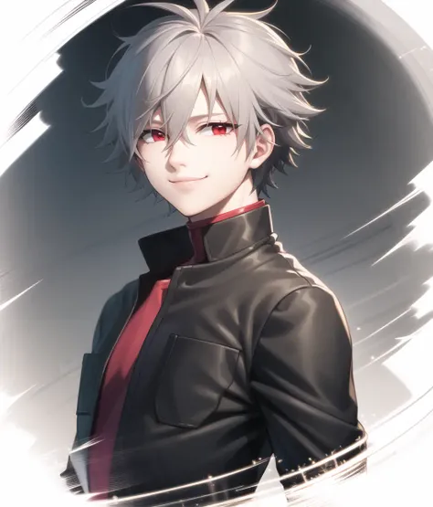 masterpiece,highres,highly detailed,male focus,1boy,solo,red eyes,grey hair,smile