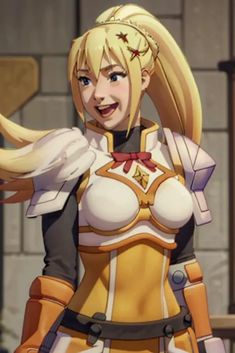 best quality, masterpiece, highres, solo, lalatina_dustiness_ford_konosuba:1.15, blonde_hair, long_hair, hair_ornament, x_hair_ornament, ponytail, blue_eyes, parody, open_mouth, 1girl, :d, smile, armor, anime_coloring  <lora:lalatina_dustiness_ford_konosuba:0.85>