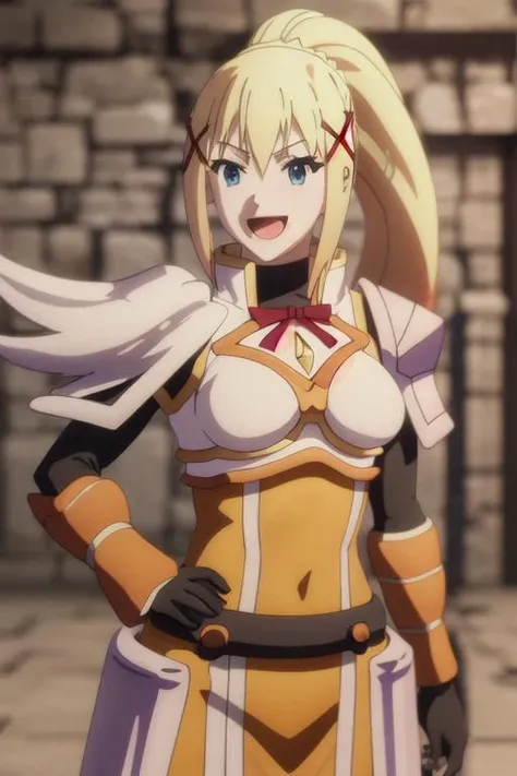 best quality, masterpiece, highres, solo, {lalatina_dustiness_ford_konosuba:1.15}, blonde_hair, long_hair, hair_ornament, x_hair_ornament, ponytail, blue_eyes, parody, open_mouth, 1girl, :d, smile, armor, anime_coloring