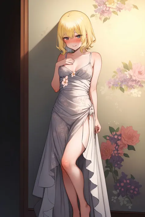 solo, 1girl, looking to the side, smile, blush, small breasts, yellow hair, hime cut, light grey Harem_dress - This is a full length dress with a flared cut narrowing down to a narrower hem. It is usually made in a flowy fabric., frontlighting, Limonium \(flower\), floral background <lora:Mankai_Kaika_style_v15:1>