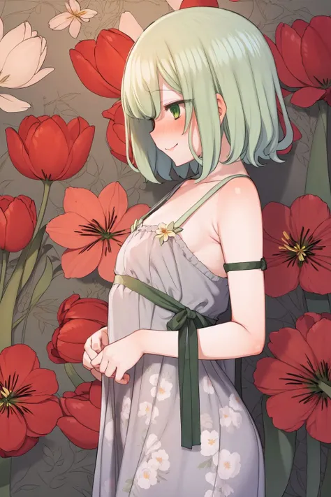 young white girl, short-haired green, green eyes, without any clothes showing her body in a garden of beautiful flowers