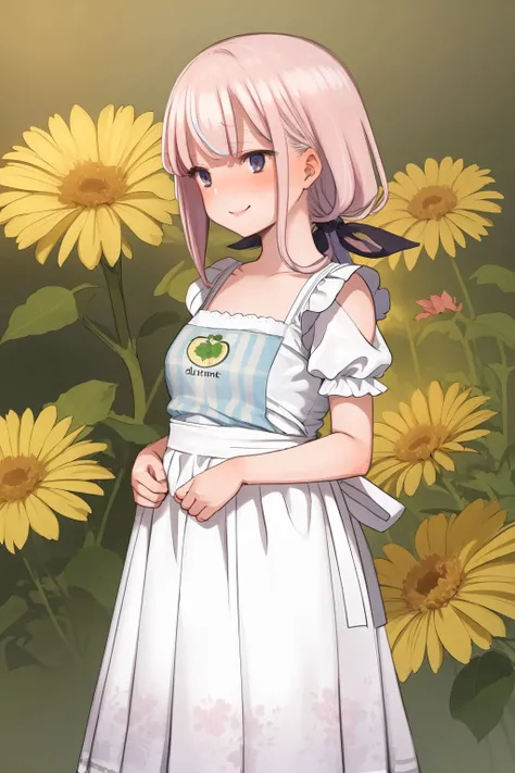 solo, 1girl, looking to the side, smile, blush, flat chest, pink hair, high ponytail, light blue Dirndl_dress - This is a European traditional dress originally worn by peasants there;The dress has an apron with lacing on the back or front. , god rays, Goat's_Beard \(flower\), floral background <lora:Mankai_Kaika_style_v15:1>