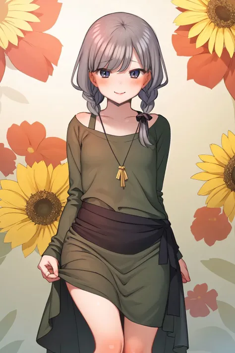 solo, 1girl, looking at viewer, smile, blush, flat chest, dark grey hair, tri braids, dark green Tunic_dress - This is a loose fitting dress ending near the hips or near the knee , usually with slits on the side seams., no light, Craspedia \(flower\), floral background <lora:Mankai_Kaika_style_v15:1>