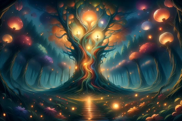 extremely detailed wallpaper, anime, best quality, absurd resolution, intricate detail, (perfect detail features), 8k, UHD, (masterpiece:1.4), high quality, high definition, animation, illustration, highly detailed, highres, extremely detailed, sharp focus, anime, <lora:hyperdenoiser_v090:0.6>, <lora:hyperrefiner_v090:0.6>, <lora:add_detail:0.6>, 4k, absurd resolution, forest, sky, elemental, sparks, mythical, sanctuary, magical, light particles, rainbow, colourful, (no humans), energy, <lora:secret star glow style:0.8>, glowing, <lora:Sky_Bloom_Forest:0.8>, falling leaves, flowers, grass, fireflies, <lora:ghublism:0.8> Ghiblism-Ghibli, GhiblismDetailed, Ghiblismkw <lora:r1ge - AnimeRage:0.6> r1ge, bloom, brightly coloured cables running along tree trunks, colourful light bulbs, wind moving the branches of the trees,