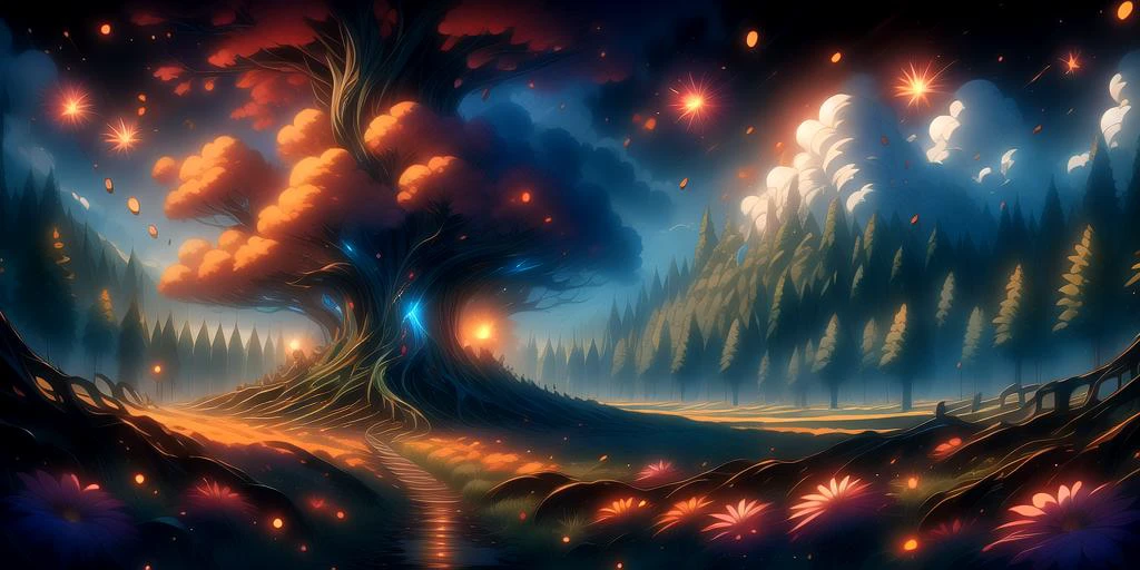 extremely detailed wallpaper, anime, best quality, absurd resolution, intricate detail, (perfect detail features), 8k, UHD, (masterpiece:1.4), high quality, high definition, animation, illustration, highly detailed, highres, extremely detailed, sharp focus, anime, <lora:hyperdenoiser_v090:0.6>, <lora:hyperrefiner_v090:0.6>, <lora:add_detail:0.6>, 4k, absurd resolution, forest, sky, elemental, sparks, mythical, sanctuary, magical, light particles, rainbow, colourful, (no humans), energy, <lora:secret star glow style:0.8>, glowing, <lora:Sky_Bloom_Forest:0.8>, falling leaves, flowers, grass, fireflies, <lora:ghublism:0.8> Ghiblism-Ghibli, GhiblismDetailed, Ghiblismkw <lora:r1ge - AnimeRage:1> r1ge